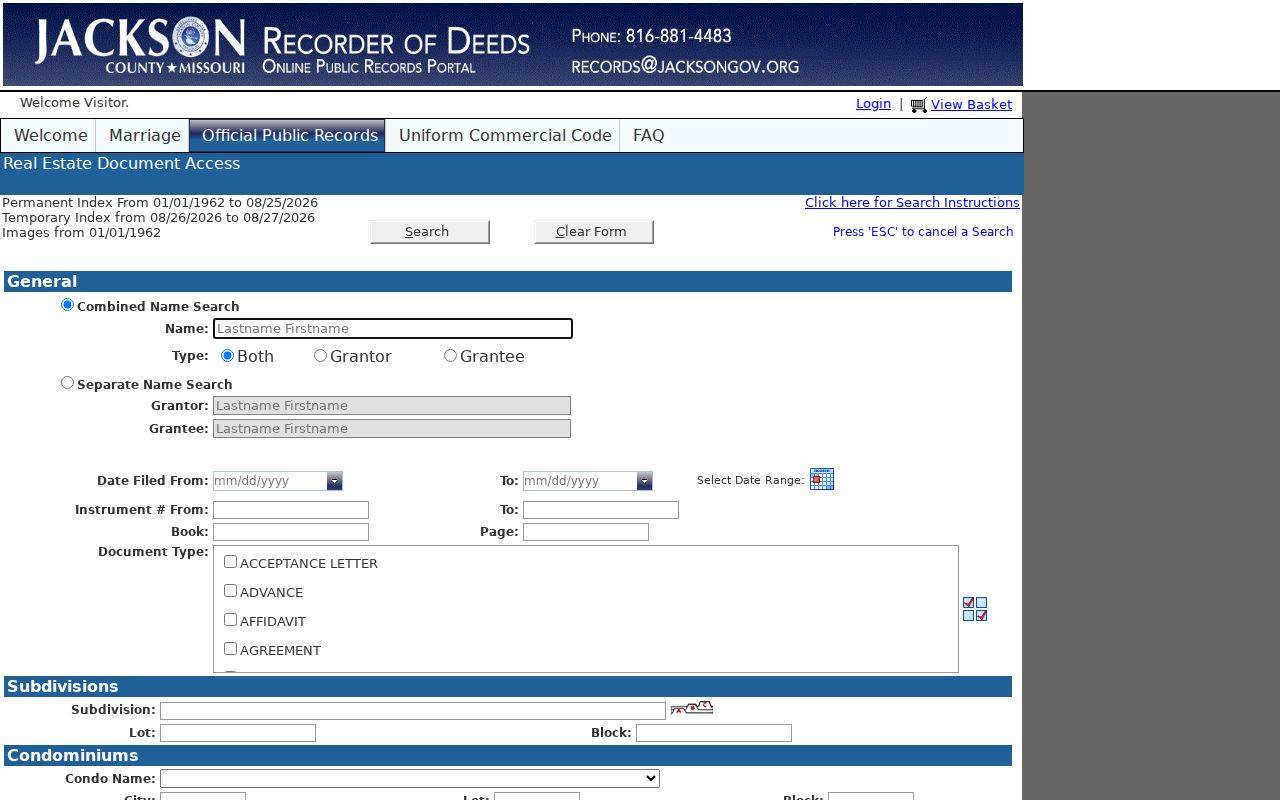 Jackson County previous residents Aumentum real-estate deed index search