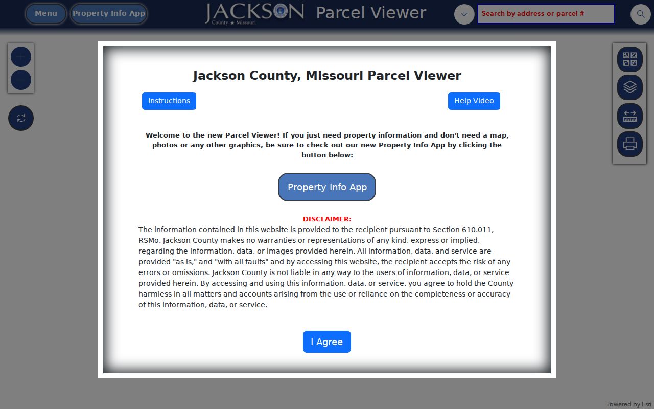 Jackson County street directory Parcel Viewer disclaimer screen