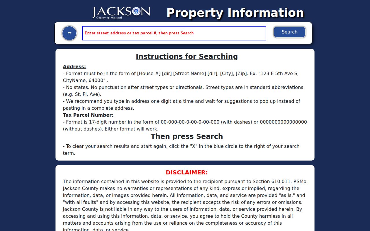 Jackson County street directory Property Info address instructions