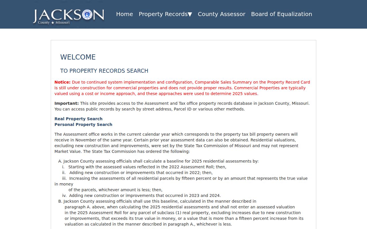 Jackson County street directory Public Property Portal search entry